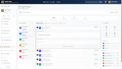 Multi-Agent Analysis - Real-time 6-agent collaboration analyzing 425 retailers for optimal product-retailer fit scoring